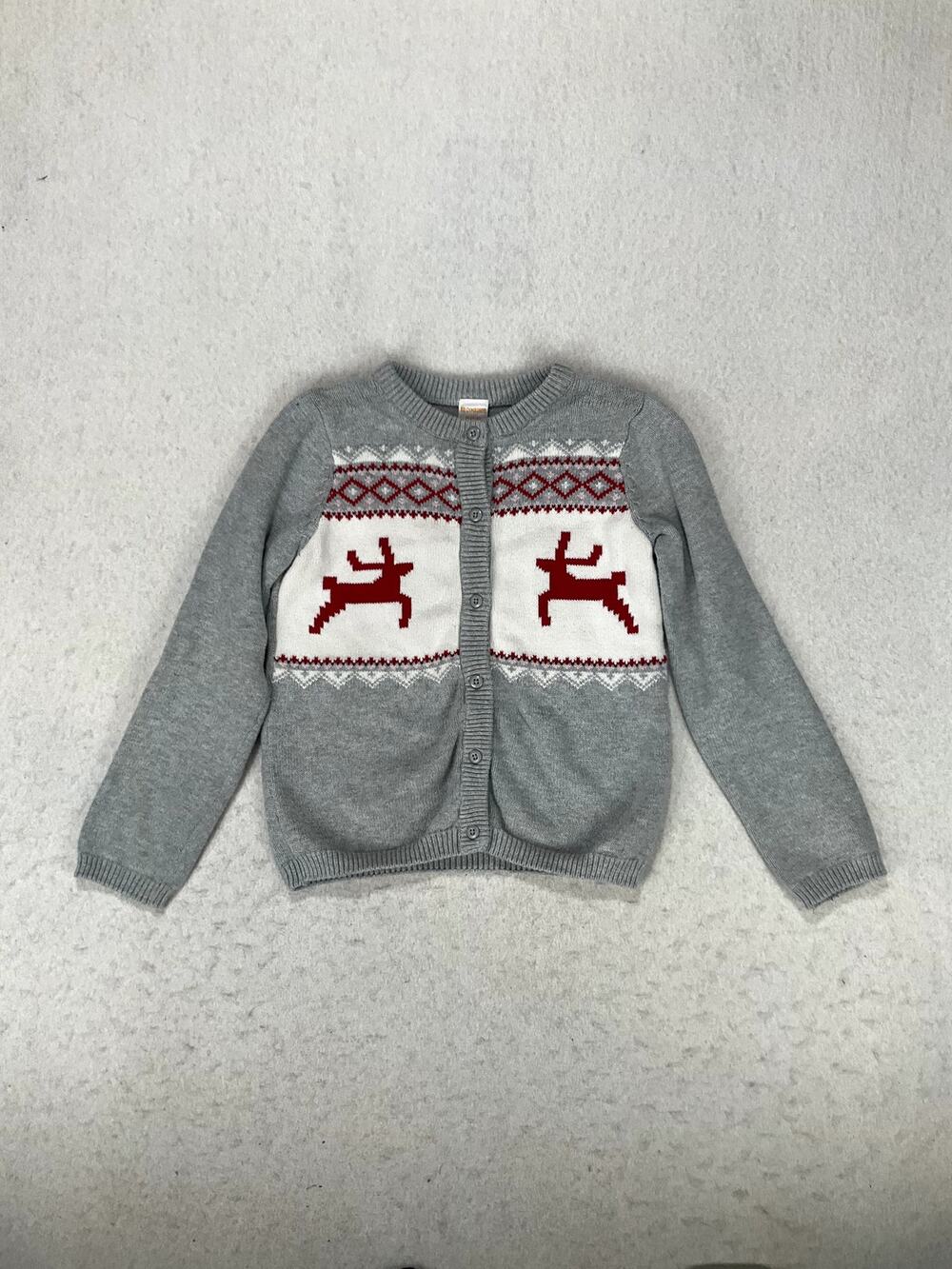 Gymboree Gray Red Reindeer Fairisle Cotton Holiday Cardigan Girls size M (7-8)